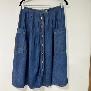 Vintage Classic of Boston Womens 14 Denim Midi Skirt Button Front Made USA
